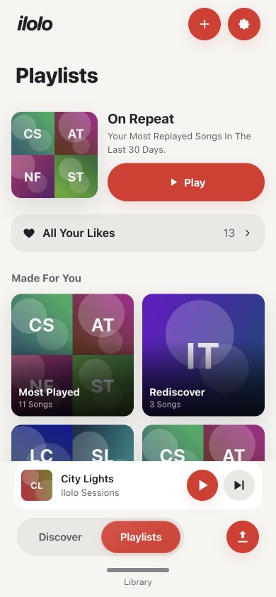 ilolo!’s light theme with On Repeat, All Your Likes and personalized playlists