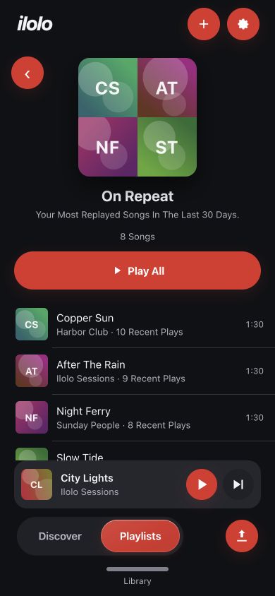 ilolo!’s dark theme showing On Repeat ranked by recent plays